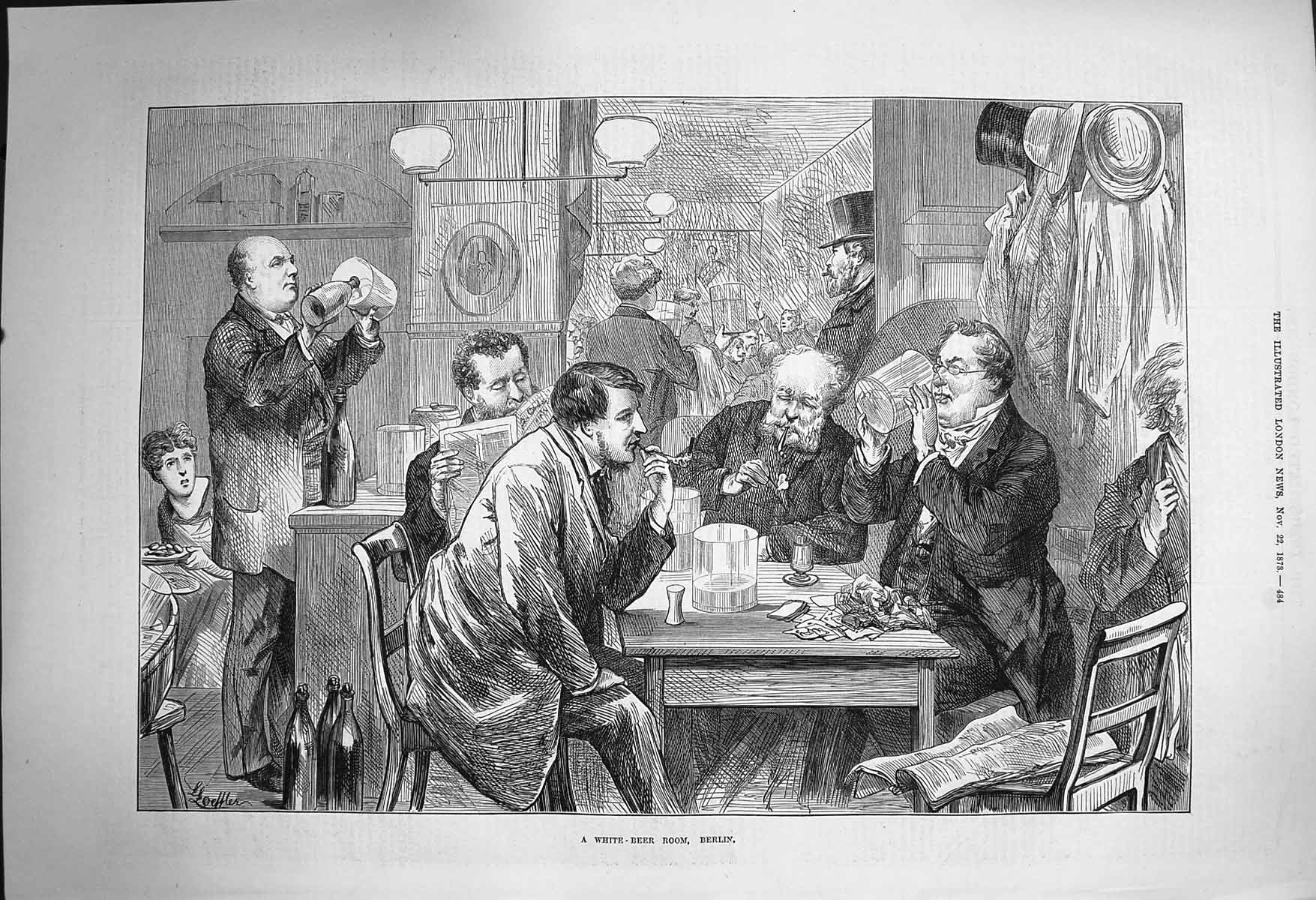 Original Old Antique Print 1873 White Beer Room Berlin Germany Men D Victorian