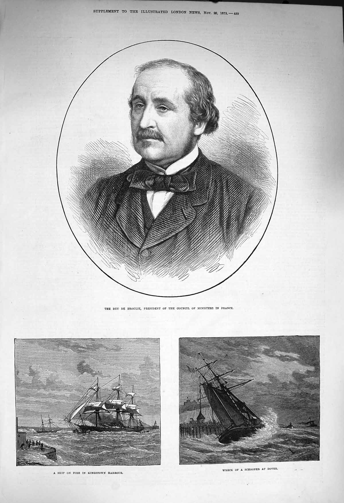 Original Old Antique Print 1873 Duc De Broglie France Ship Fire Kingstown Dover