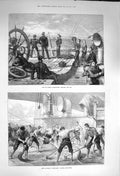 Old Antique Print 1873 Troop Ship Heaving Log Navy Washing Decks Sailors 19th