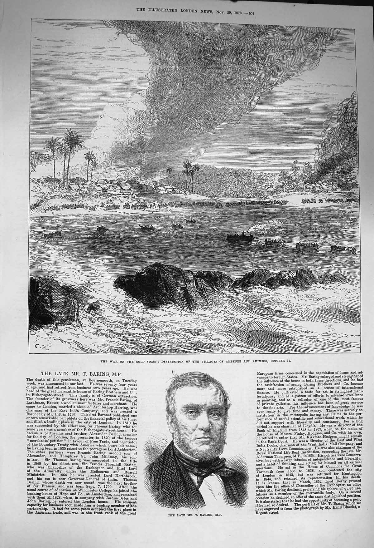 Original Old Antique Print 1873 War GCoast Ampenee Akimfoo Portrait Baring 19th
