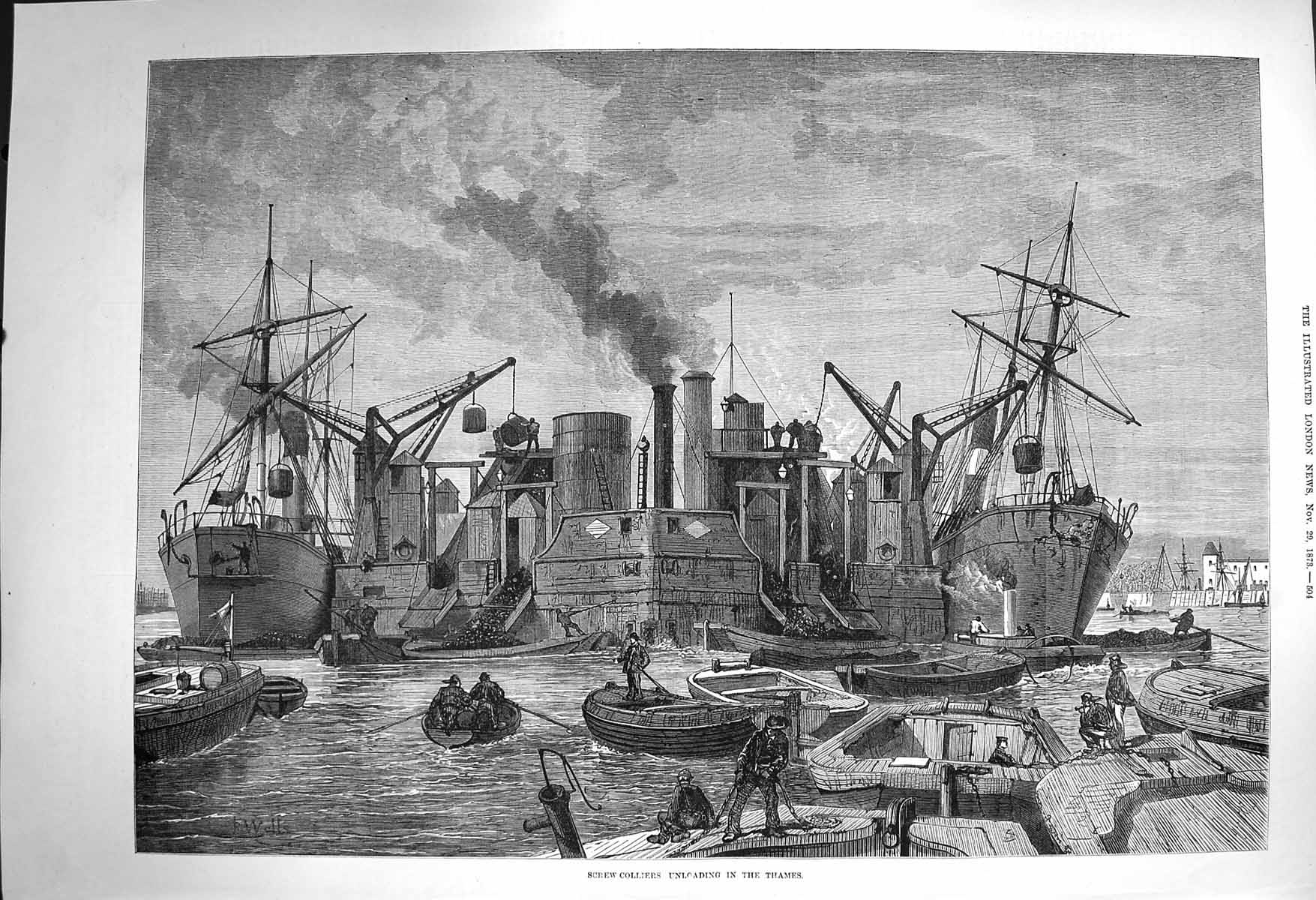 Original Old Antique Print 1873 Screw Colliers Ships Unloading River Thames