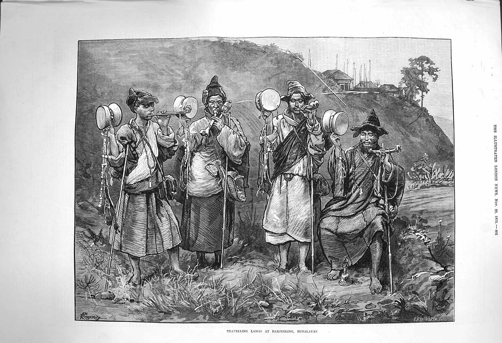 Original Old Antique Print 1873 Travelling Lamas Darjeeling Himalayas Fine Art