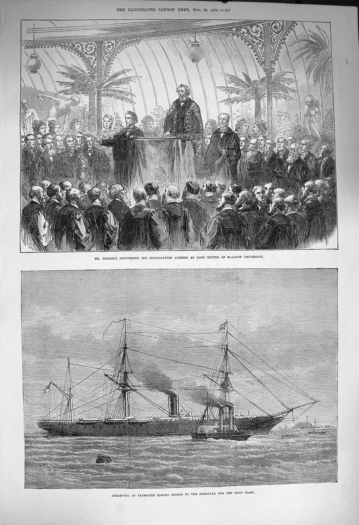 Original Old Antique Print 1873 Disraeli Lord Rector Glasgow Steam-Tug Plymouth