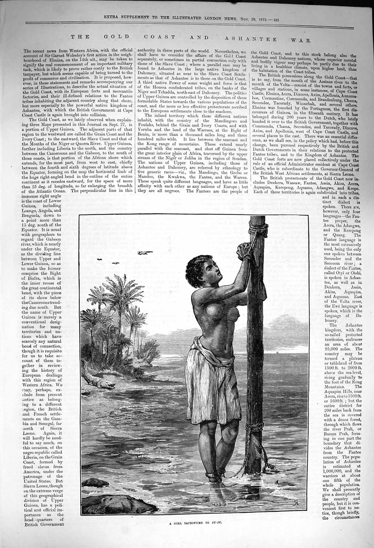 Original Old Antique Print 1873 Ashantee War Fantee Huts Girl Sacrified Ju-Ju