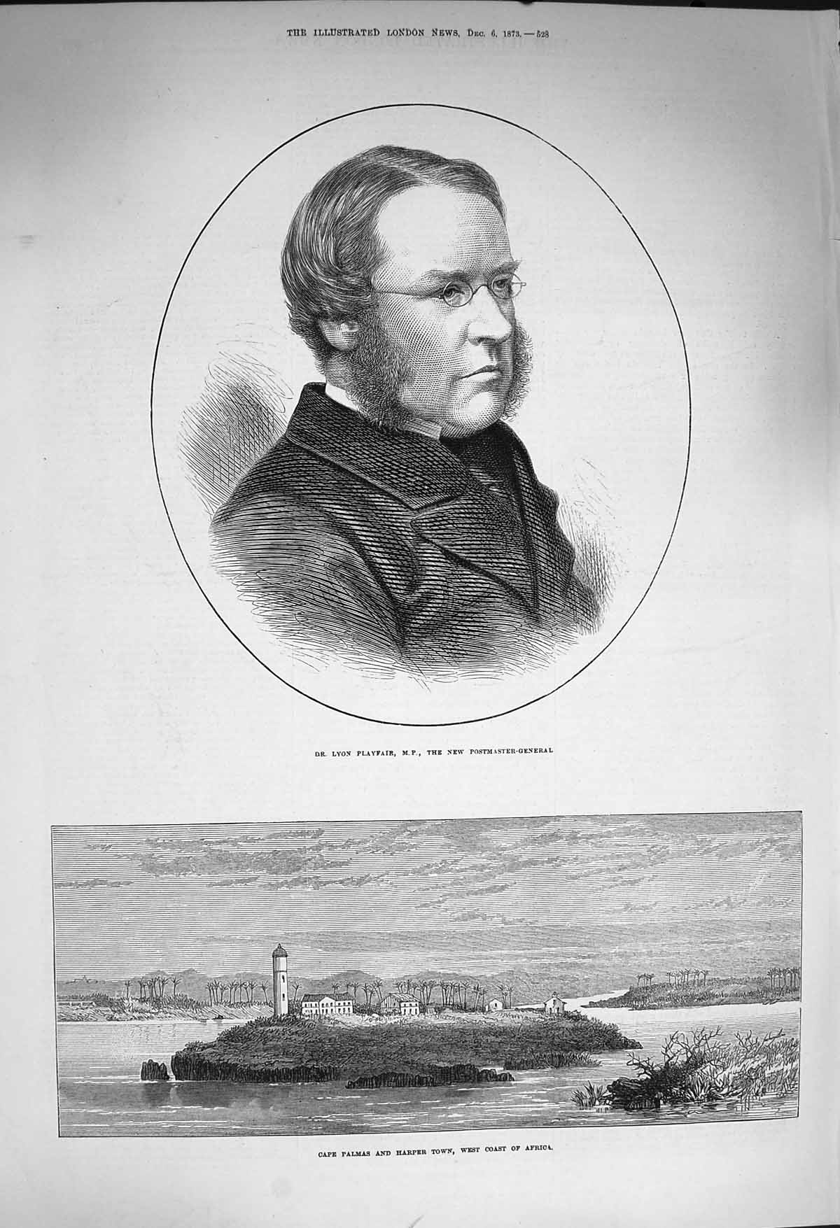 Old Antique Print 1873 Dr. Lyon Playfair Postmaster-General Cape Palmas 19th