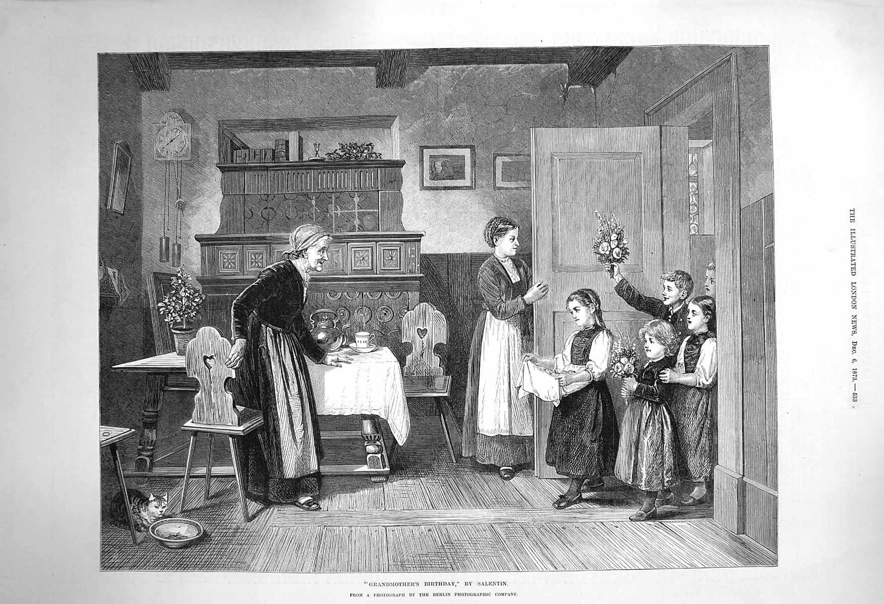 Original Old Antique Print 1873 Grandmothers Birthday Children Flowers 19th