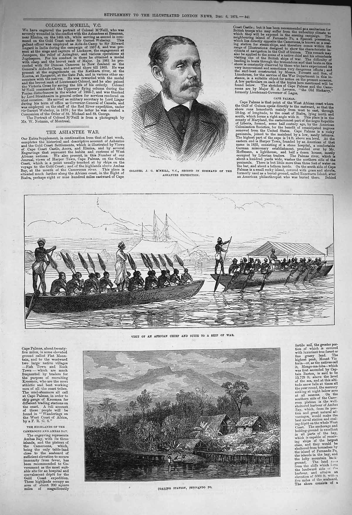 Original Old Antique Print 1873 Colonel M'Neill Ashantee War Coaling Fern 19th