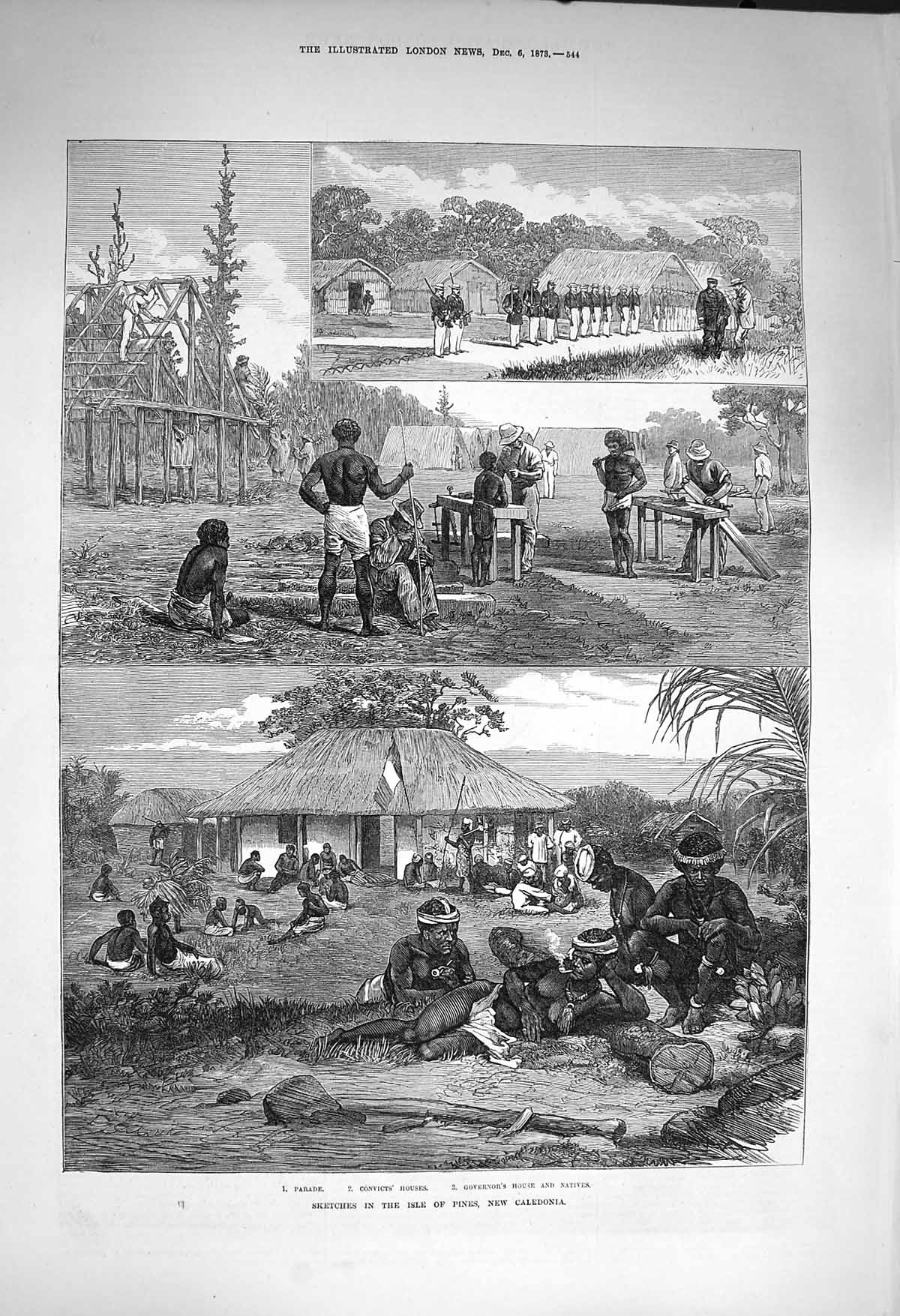 Old Antique Print 1873 Isle Pines New Caledonia Convicts Houses Natives 19th