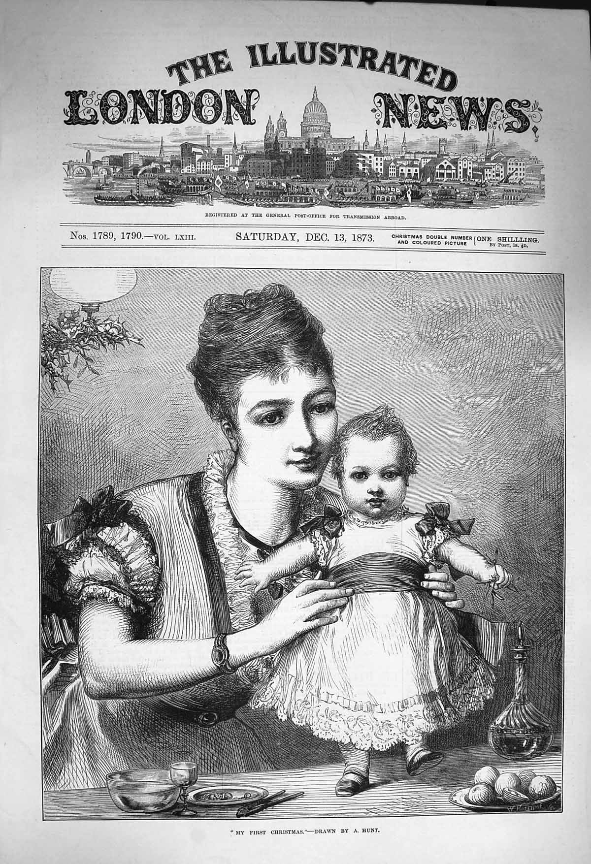 Original Old Antique Print 1873 Little Girl First Christmas Mother Hunt 19th