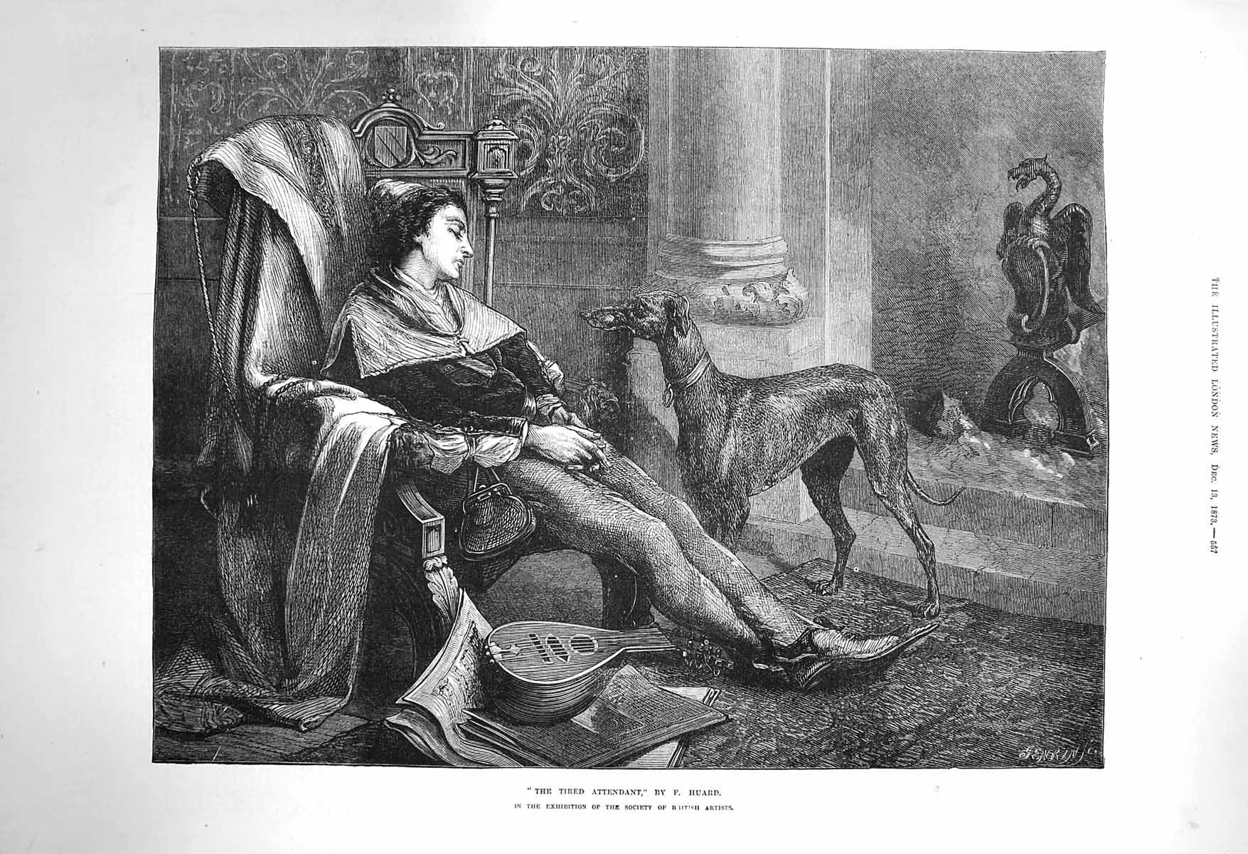 Original Old Antique Print 1873 Tired Attendant Sleeping Man Dog Fine Art 19th