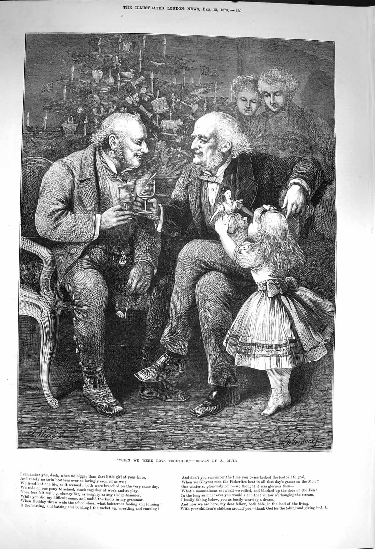 Original Old Antique Print 1873 Christmas Men Drinking Little Girl Toys Tree