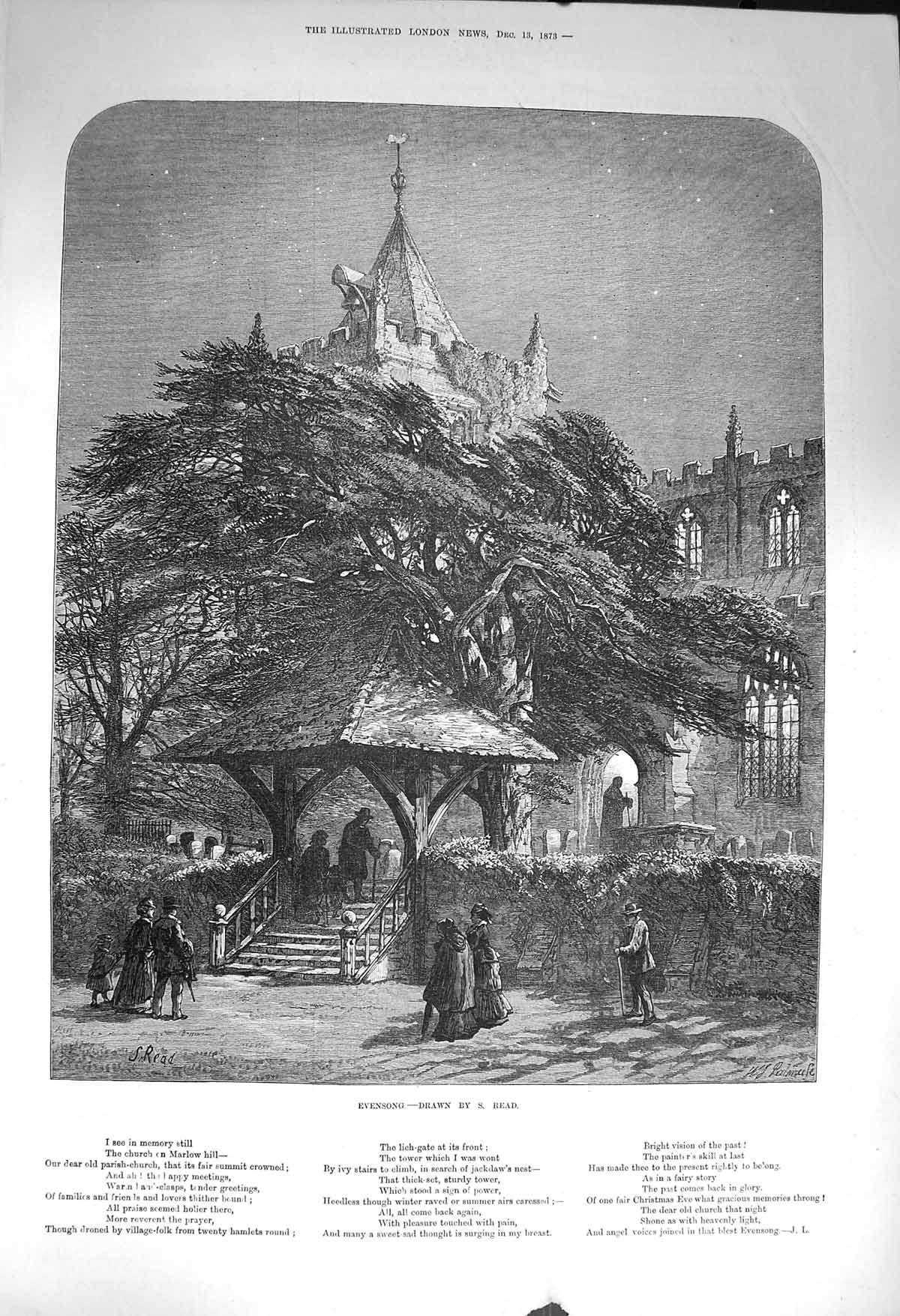 Original Old Antique Print 1873 Evesong Christmas Church Architecture Victorian