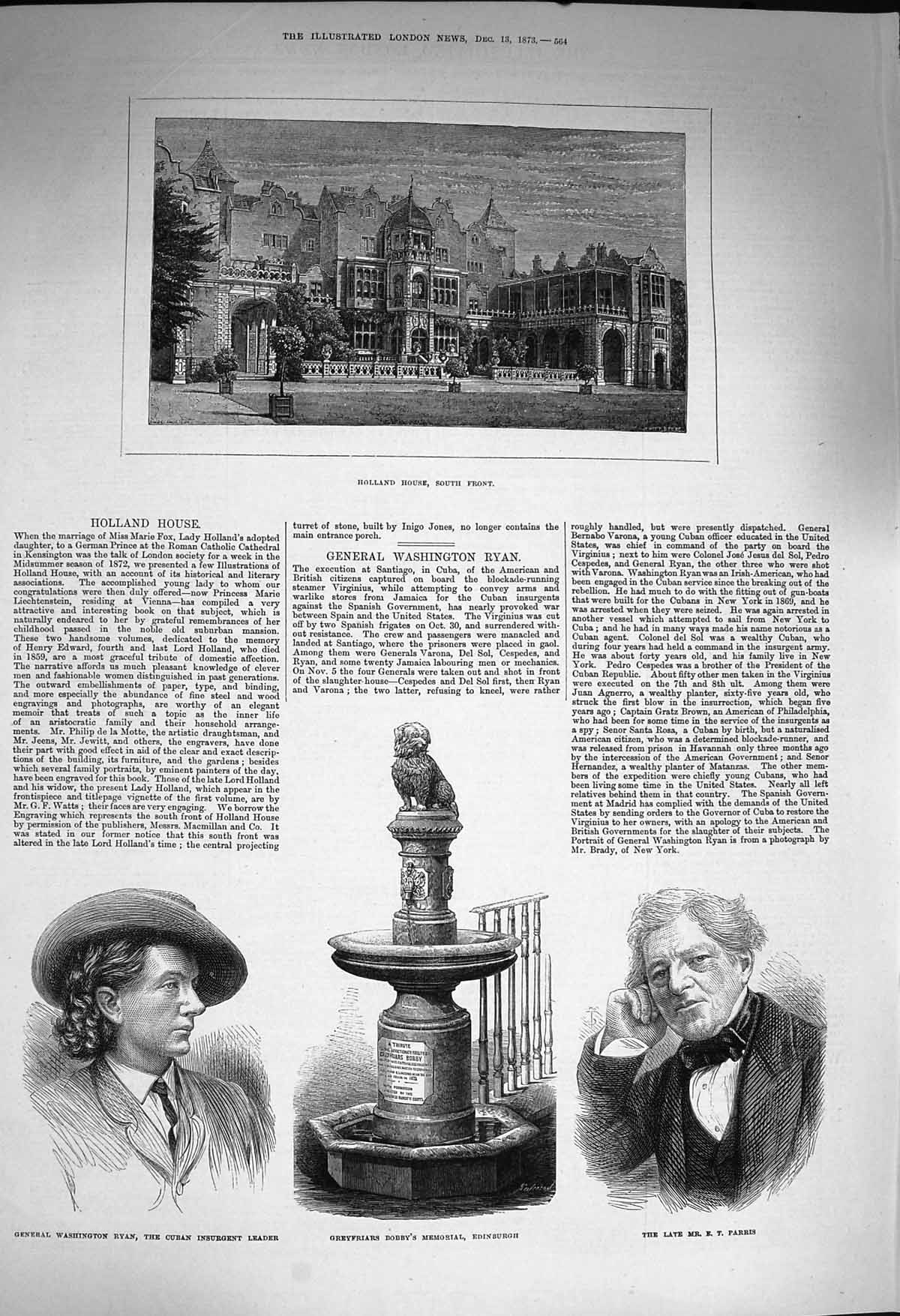 Old Antique Print 1873 Holland House Greyfriars Bobby Parris General Ryan 19th