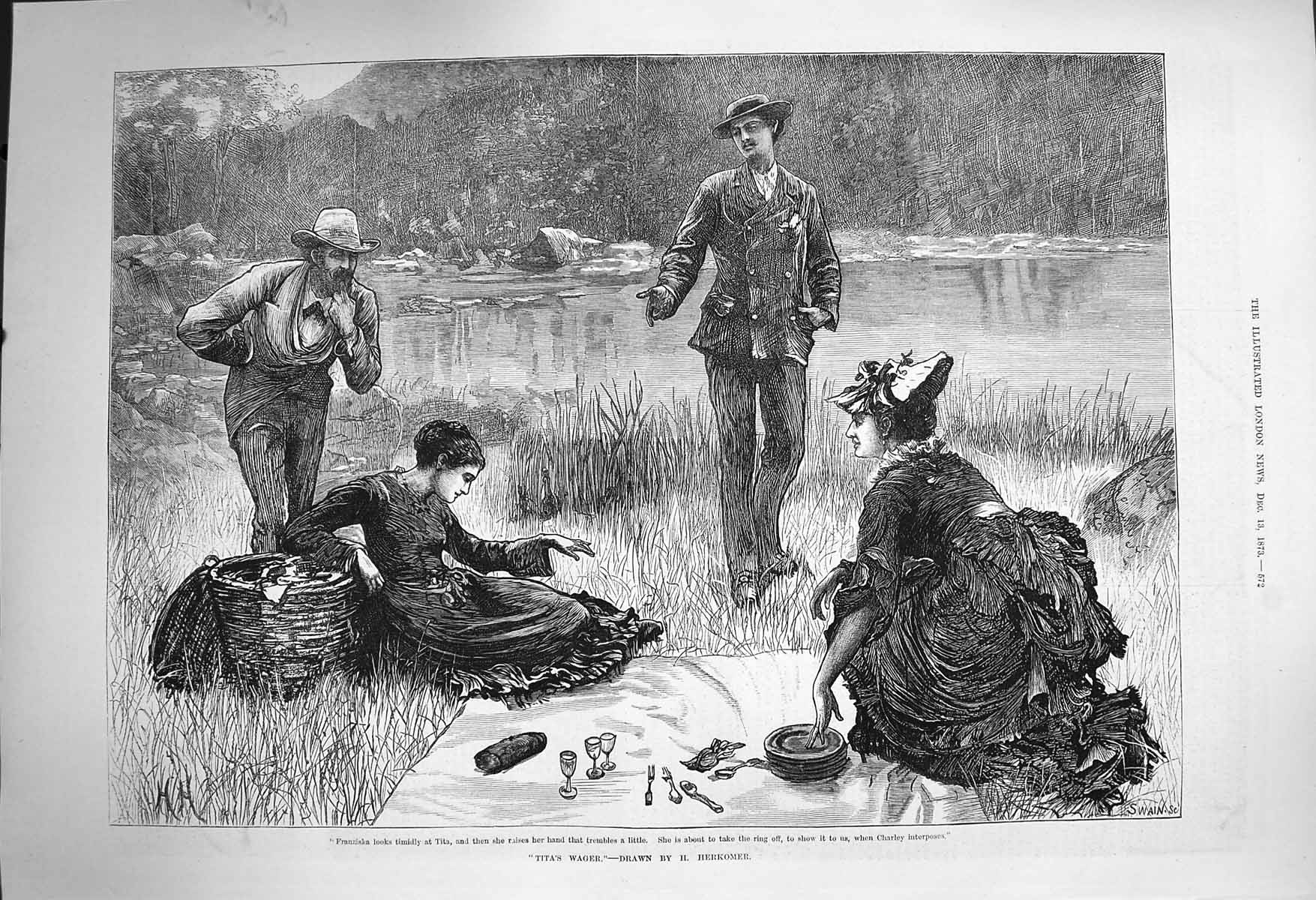 Original Old Antique Print 1873 Tita Wager Franziska Charley Man Ladies Picnic