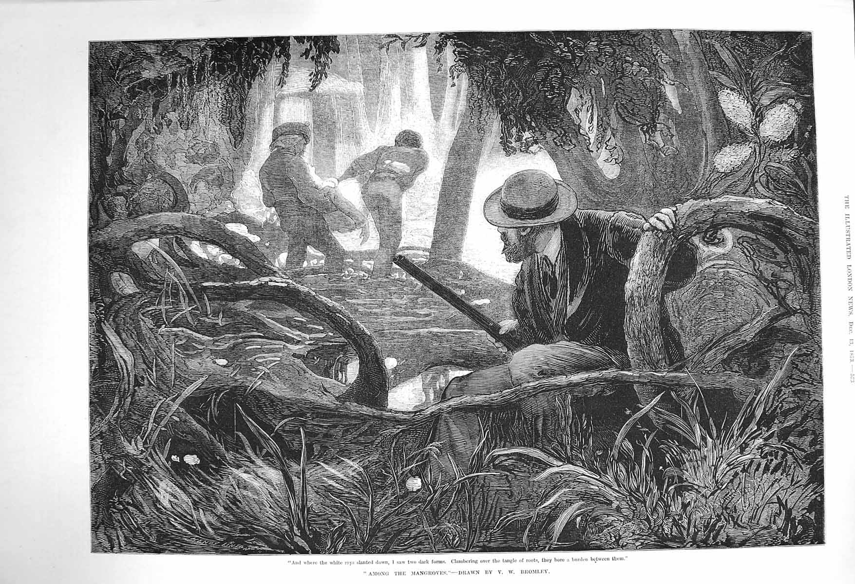 Original Old Antique Print 1873 Mangroves Hunting Man Trees Fine Art Victorian