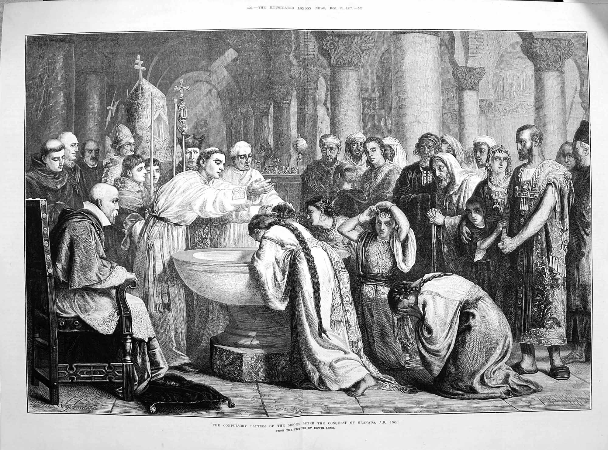 Original Old Antique Print 1873 Baptism Moors Conquet Granada Children Edw 19th