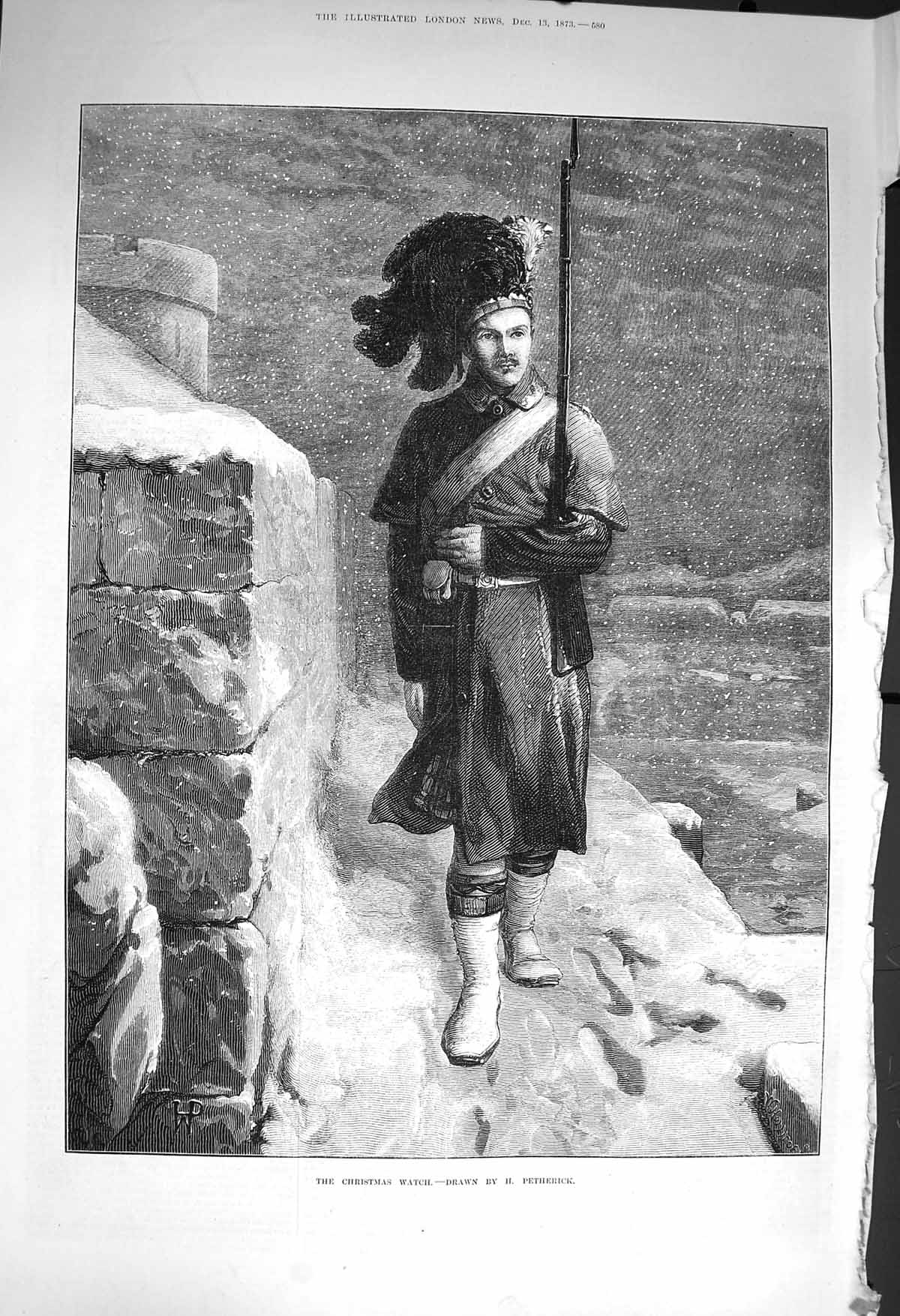 Original Old Antique Print 1873 Christmas Watch Scottish Sier Guard Snow 19th