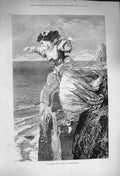 Original Old Antique Print 1873 Lovers Leap Young Woman Jumping Off Cliff Sea