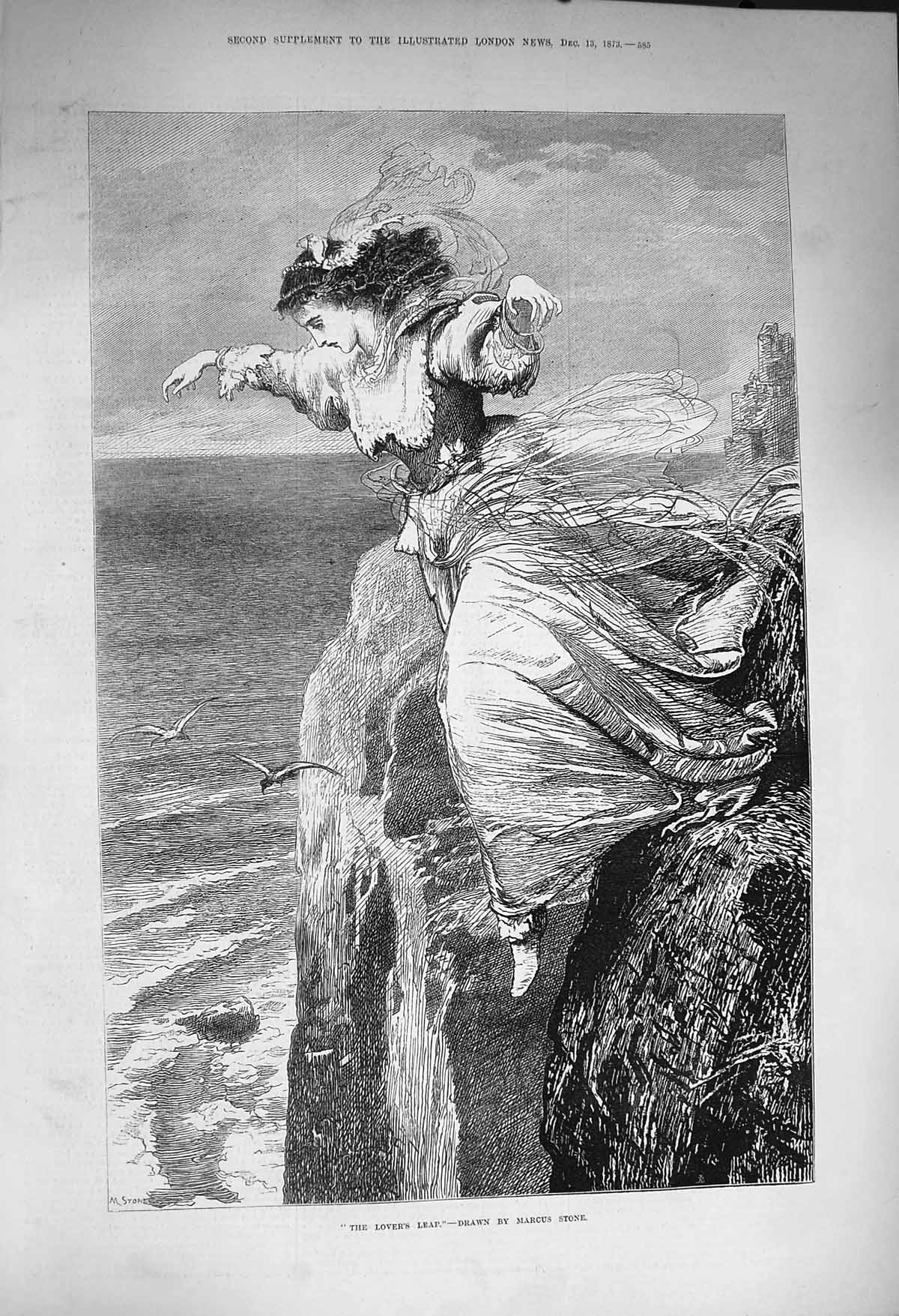 Original Old Antique Print 1873 Lovers Leap Young Woman Jumping Off Cliff Sea