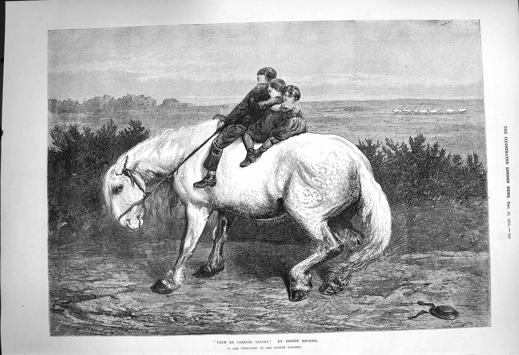 Original Old Antique Print 1873 Equo Ne Credite Teucri Children White Horse