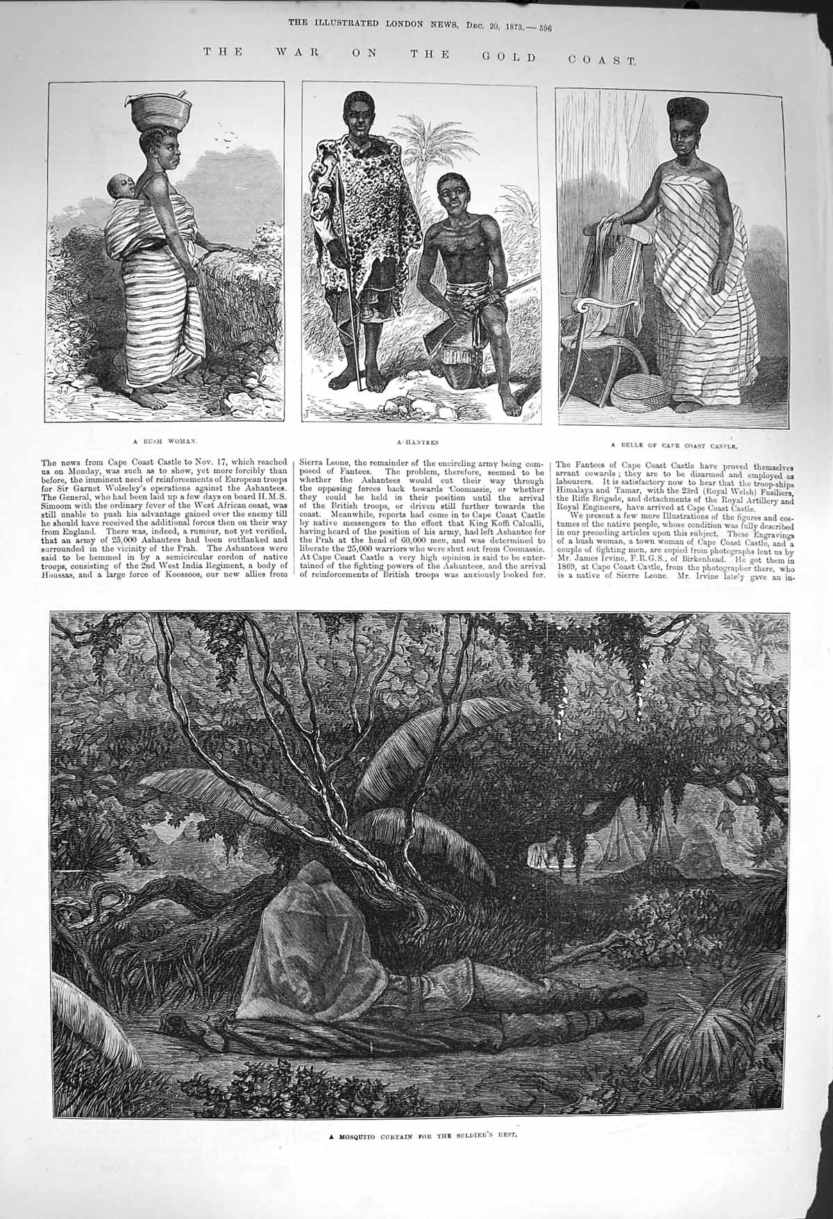 Original Old Antique Print 1873 War GCoast Ashantees Bush Woman Mosquito Net