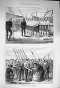 Old Antique Print 1873 Troop Ship Hands Feet Inspection Serving Grog Navy 19th