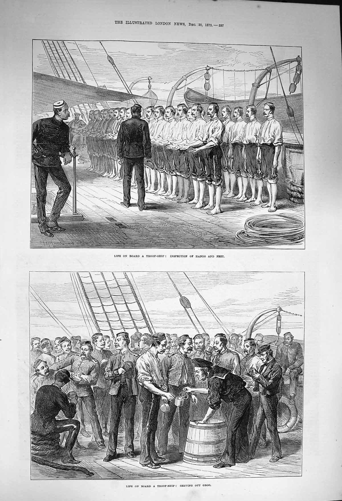 Old Antique Print 1873 Troop Ship Hands Feet Inspection Serving Grog Navy 19th