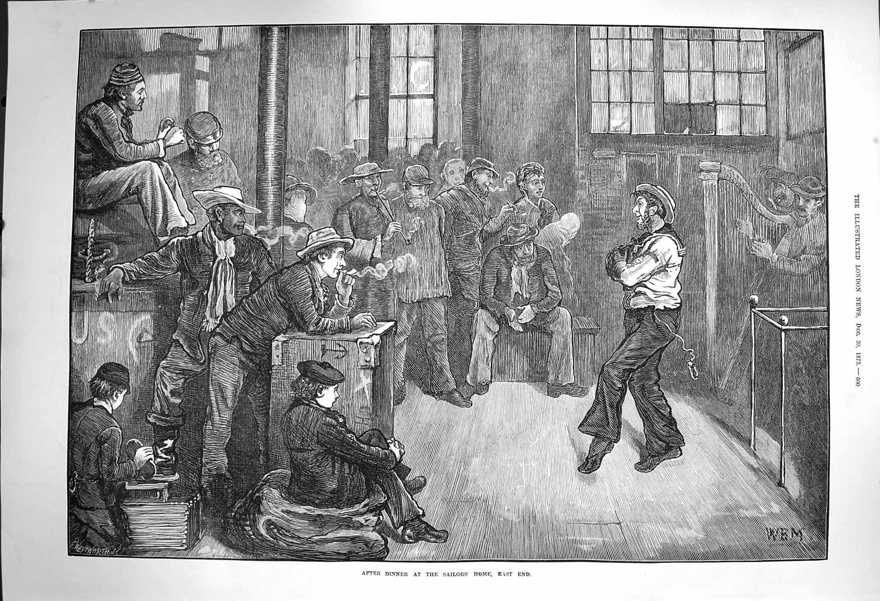 Original Old Antique Print 1873 After Dinner Sailors Home East End London 19th