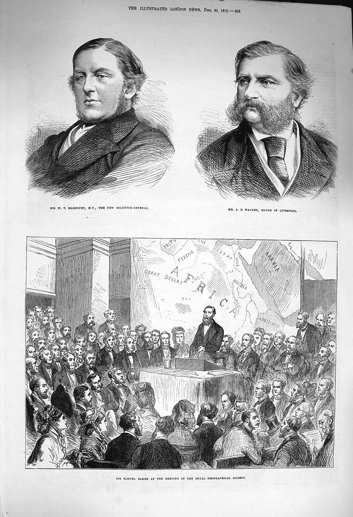 Old Antique Print 1873 Harcourt Solicitor Walker Liverpool Samuel Baker 19th