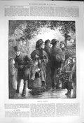 Original Old Antique Print 1873 Christmas Market Children Holly Family Scene
