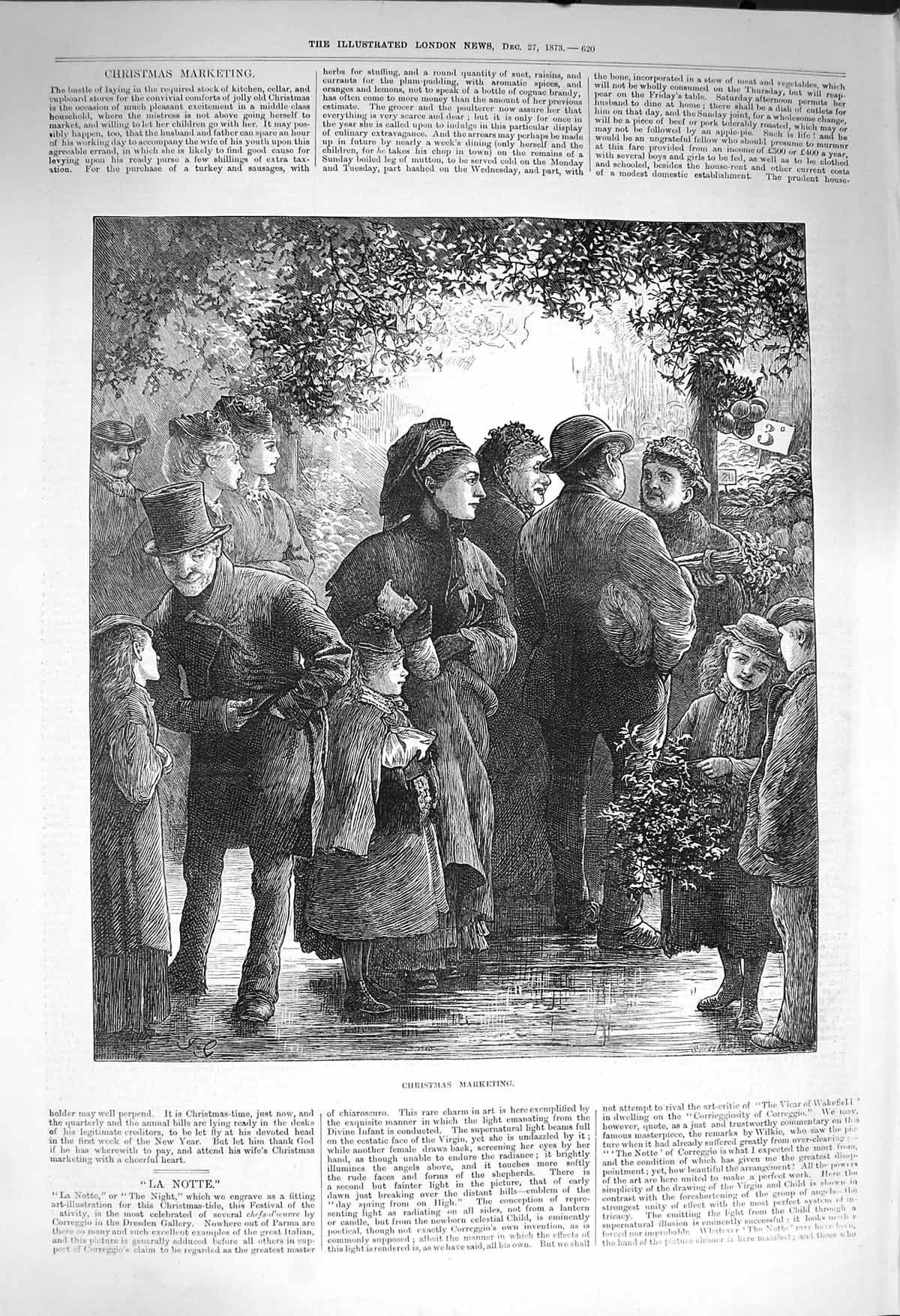 Original Old Antique Print 1873 Christmas Market Children Holly Family Scene