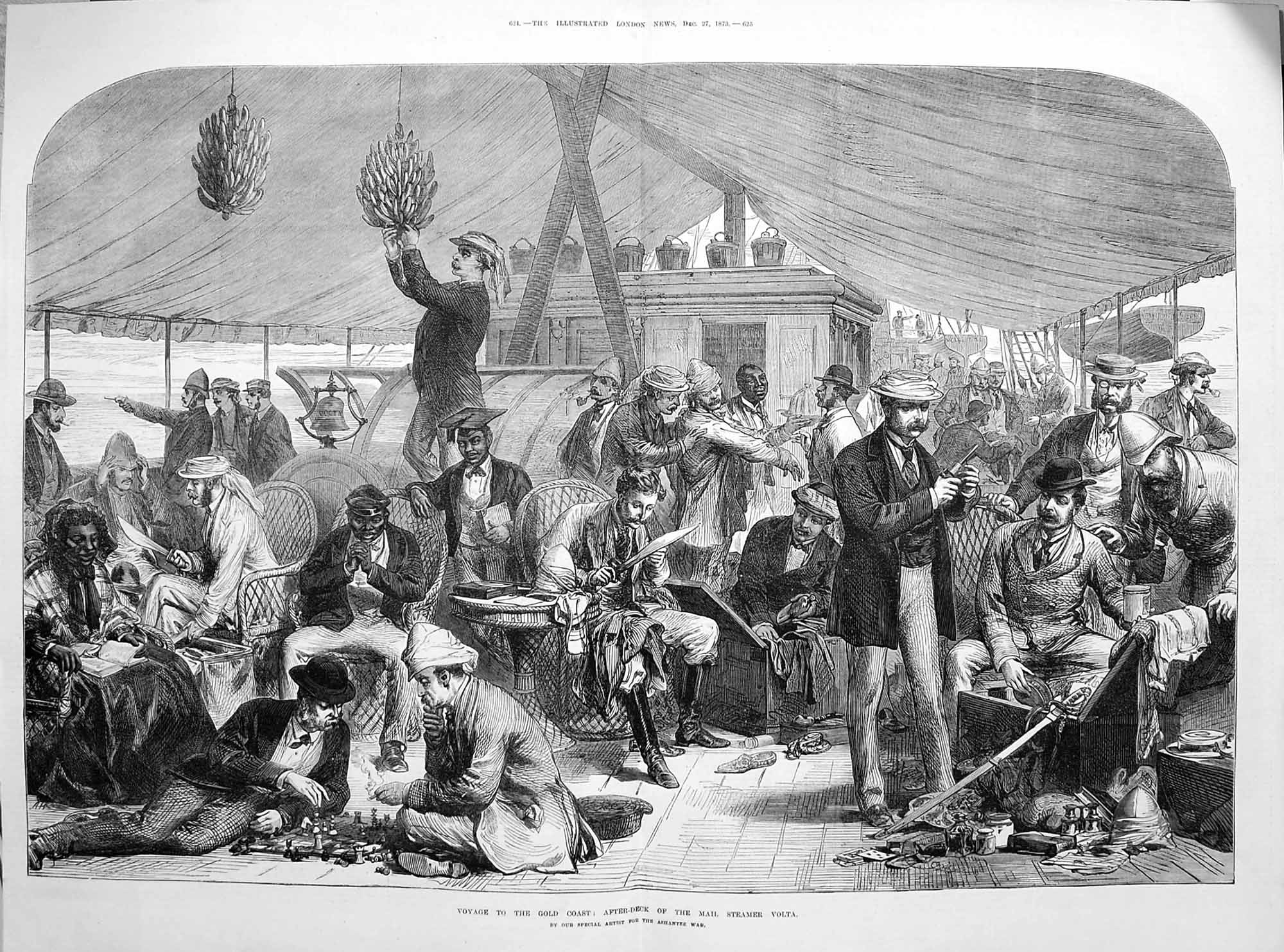 Original Old Antique Print 1873 Voyage GCoast Mail Steamer Ship Volta Deck