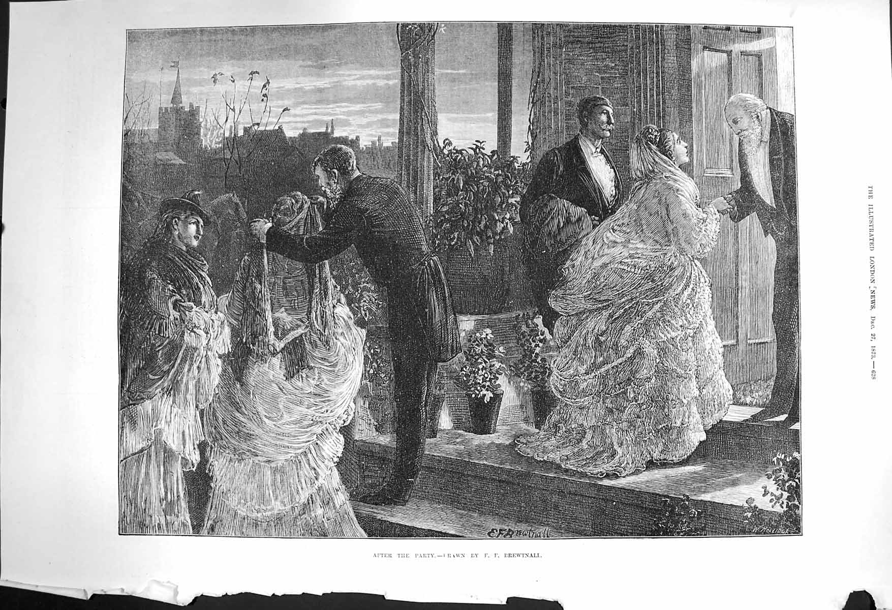 Original Old Antique Print 1873 After Party Scene Men Ladies Romance Fine Art