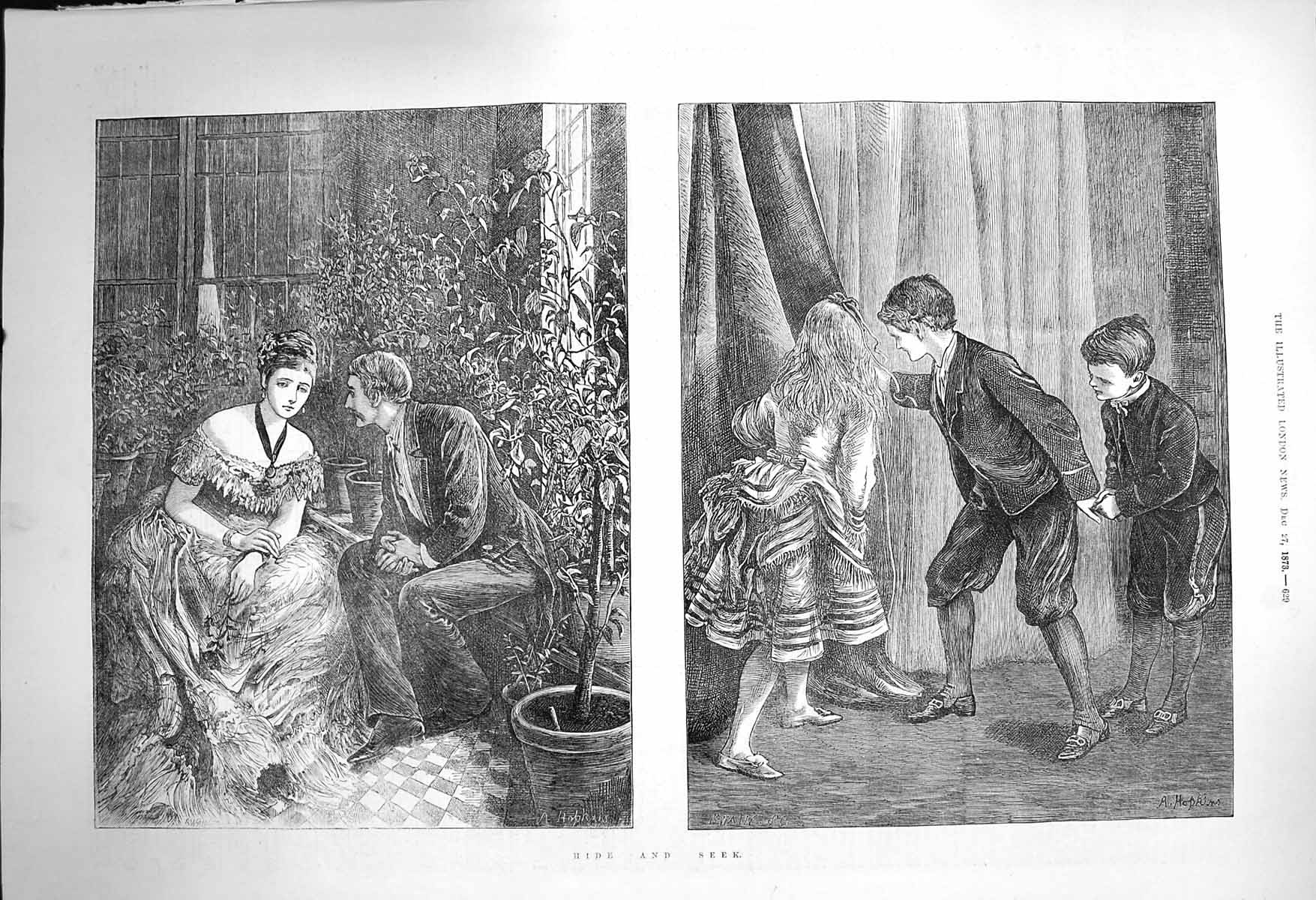 Original Old Antique Print 1873 Children Hide Seek Man Lady Romance Victorian