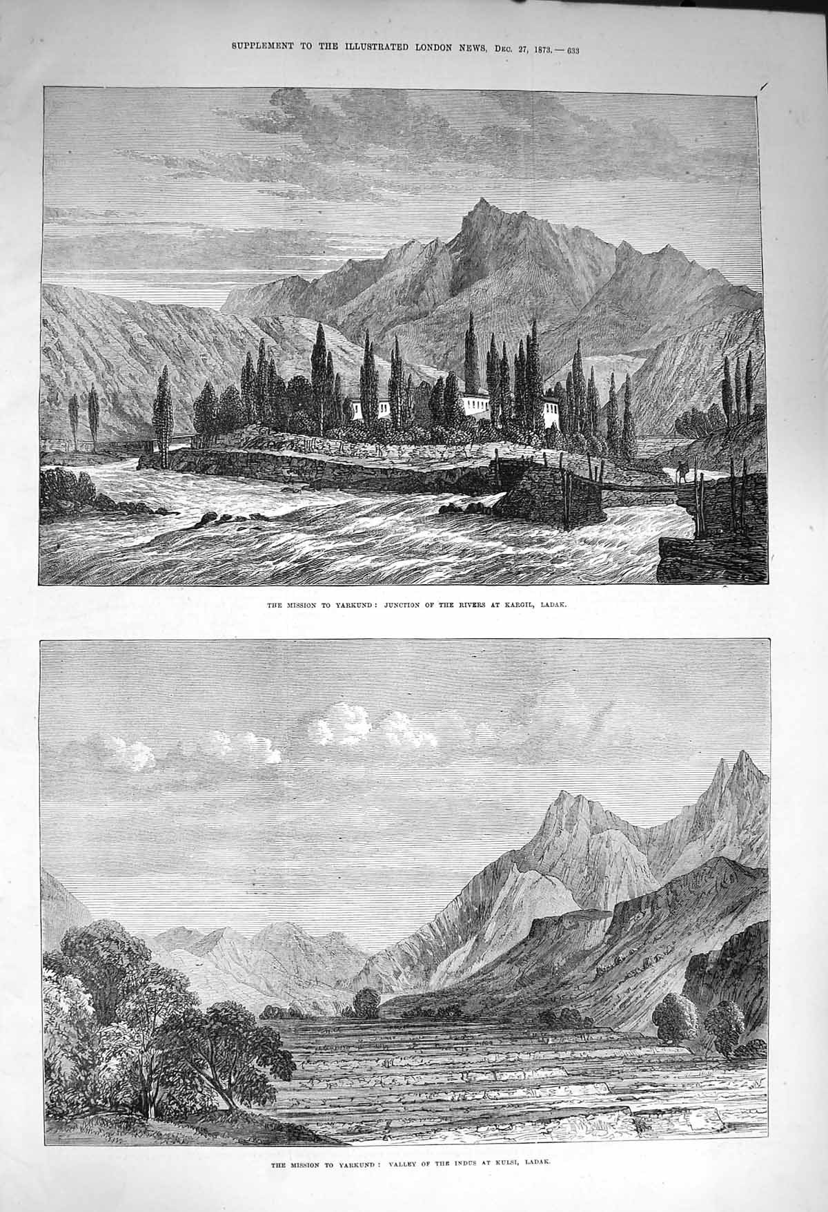 Old Antique Print 1873 Yarkund River Kargii Ladak Valley Kulsi Mountains 19th