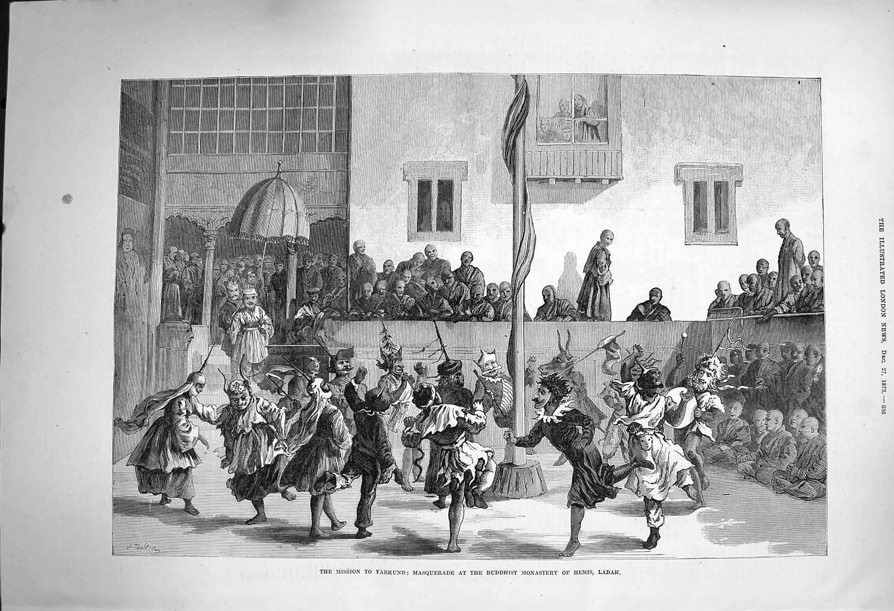 Old Antique Print 1873 Yarkund Masquerade Buddhist Monastery Hemis Ladak 19th