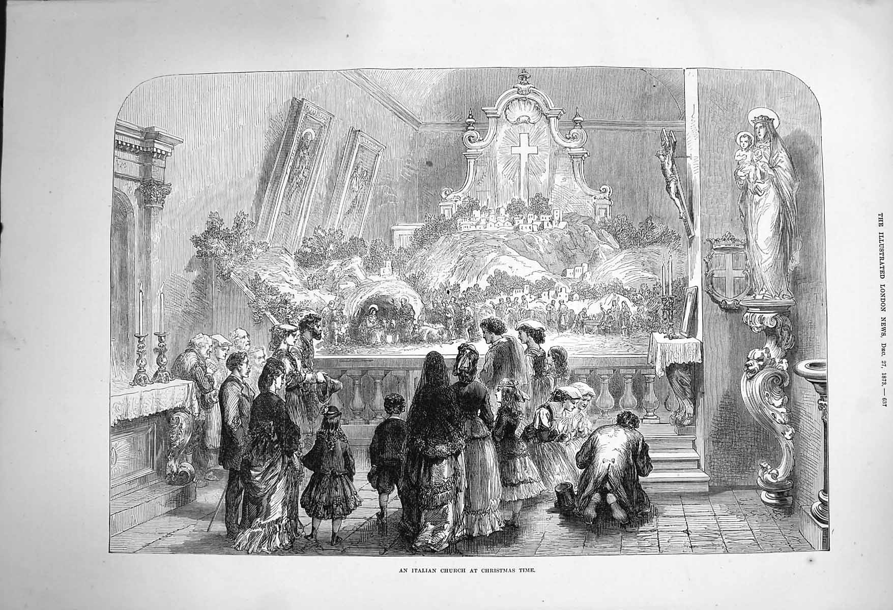 Original Old Antique Print 1873 Interior Italian Church Christmas Time 19th