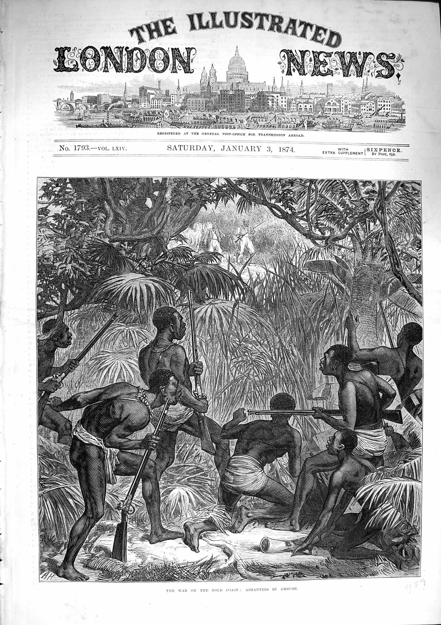 Original Old Antique Print 1874 War GCoast Africa Ashantee Ambush Victorian