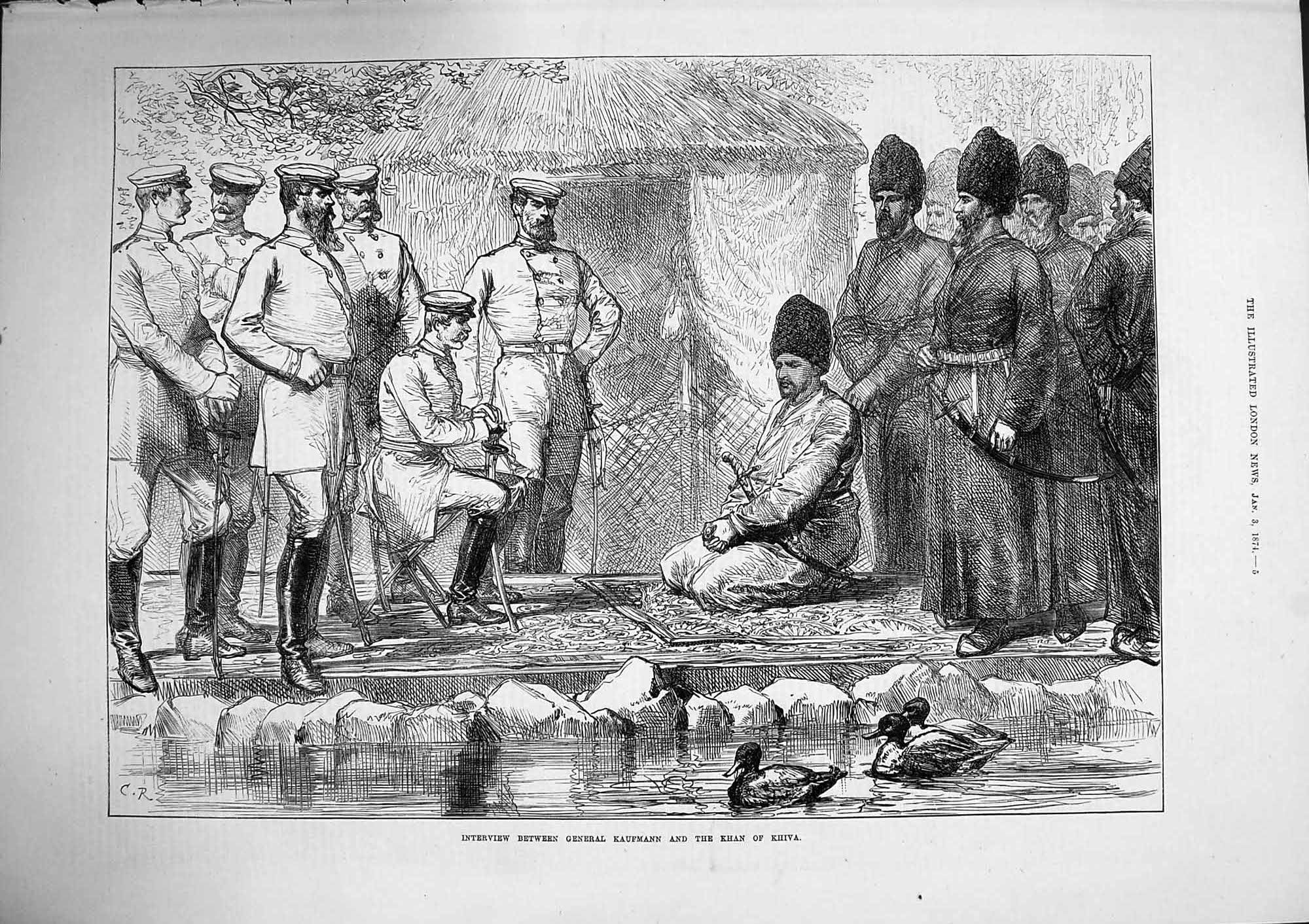 Original Old Antique Print 1874 Interview Between General Kaufmann Khan Khiva