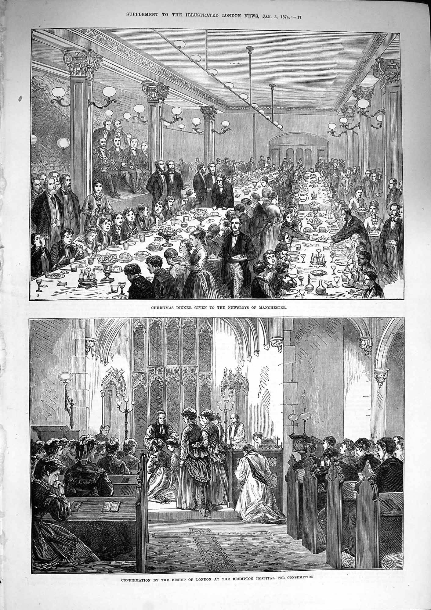 Original Old Antique Print 1874 Christmas Newsboys Manchester Brompton Hospital