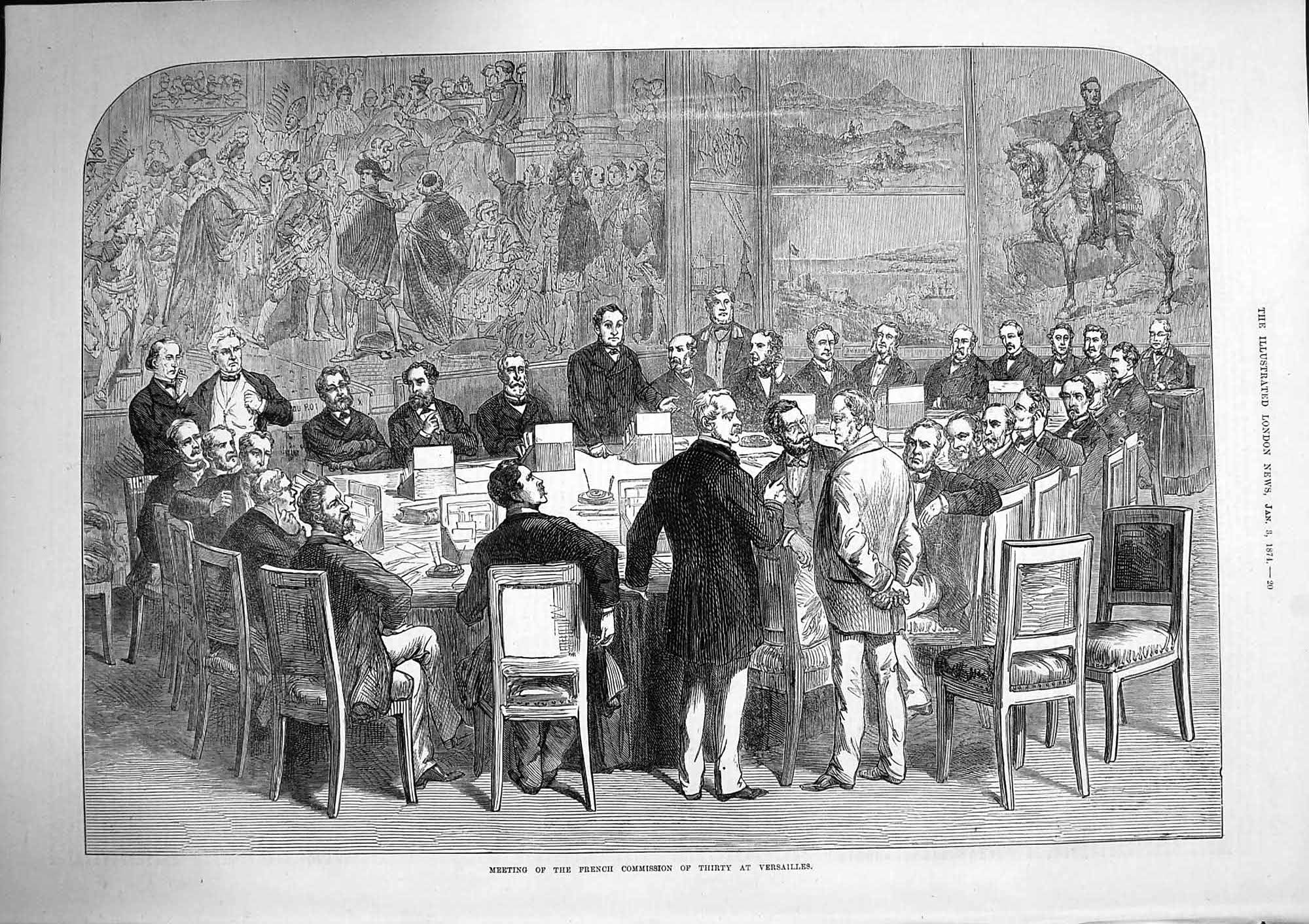 Original Old Antique Print 1874 Meeting French Men Commission Thirty Versailles