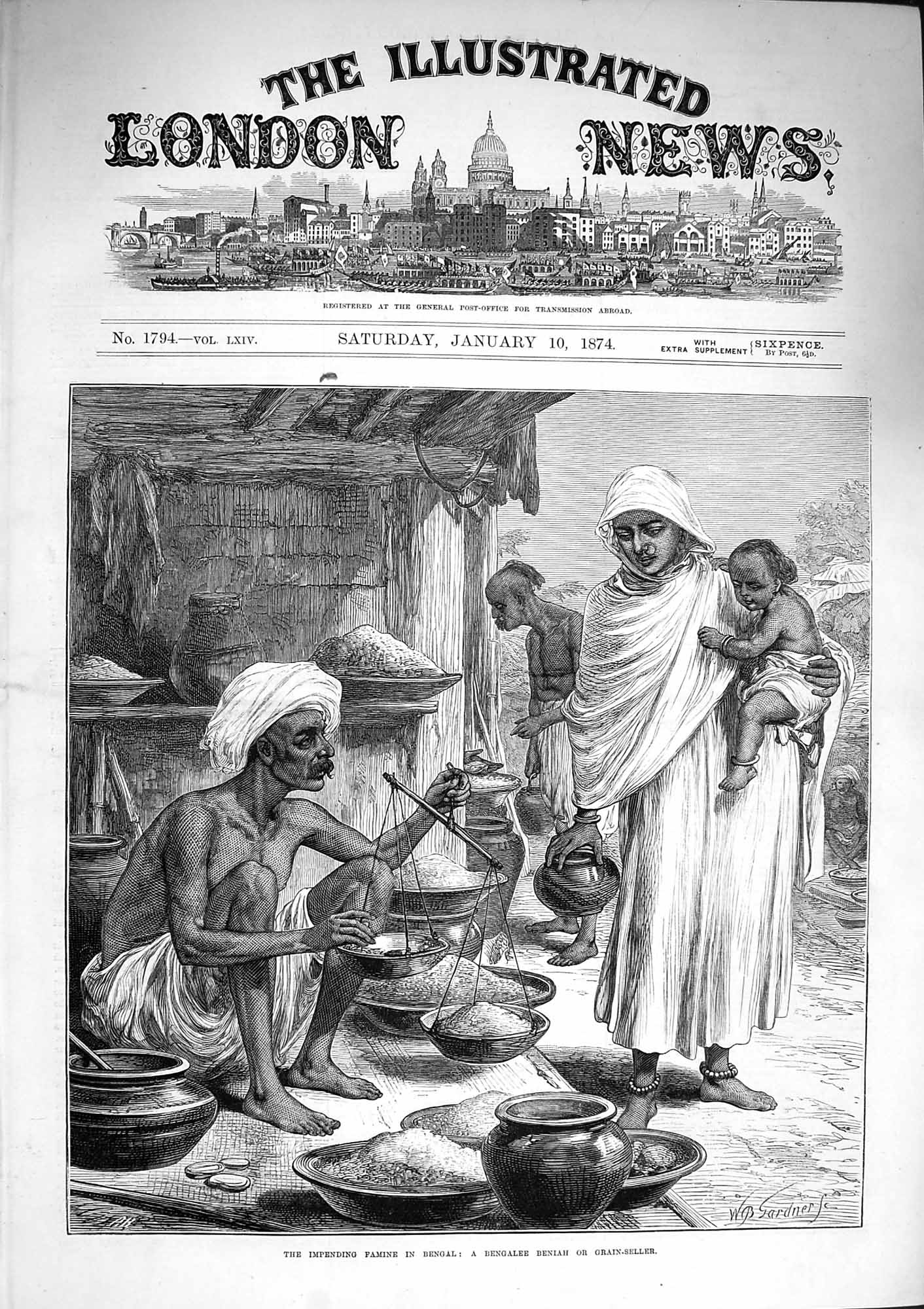 Original Old Antique Print 1874 Famine Bengal Bengalee Beniah Grain Seller 19th
