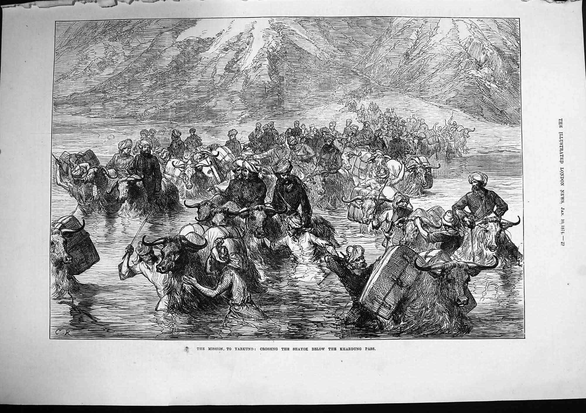 Original Old Antique Print 1874 Mission Yarkund Crossing River Shayok Khardung