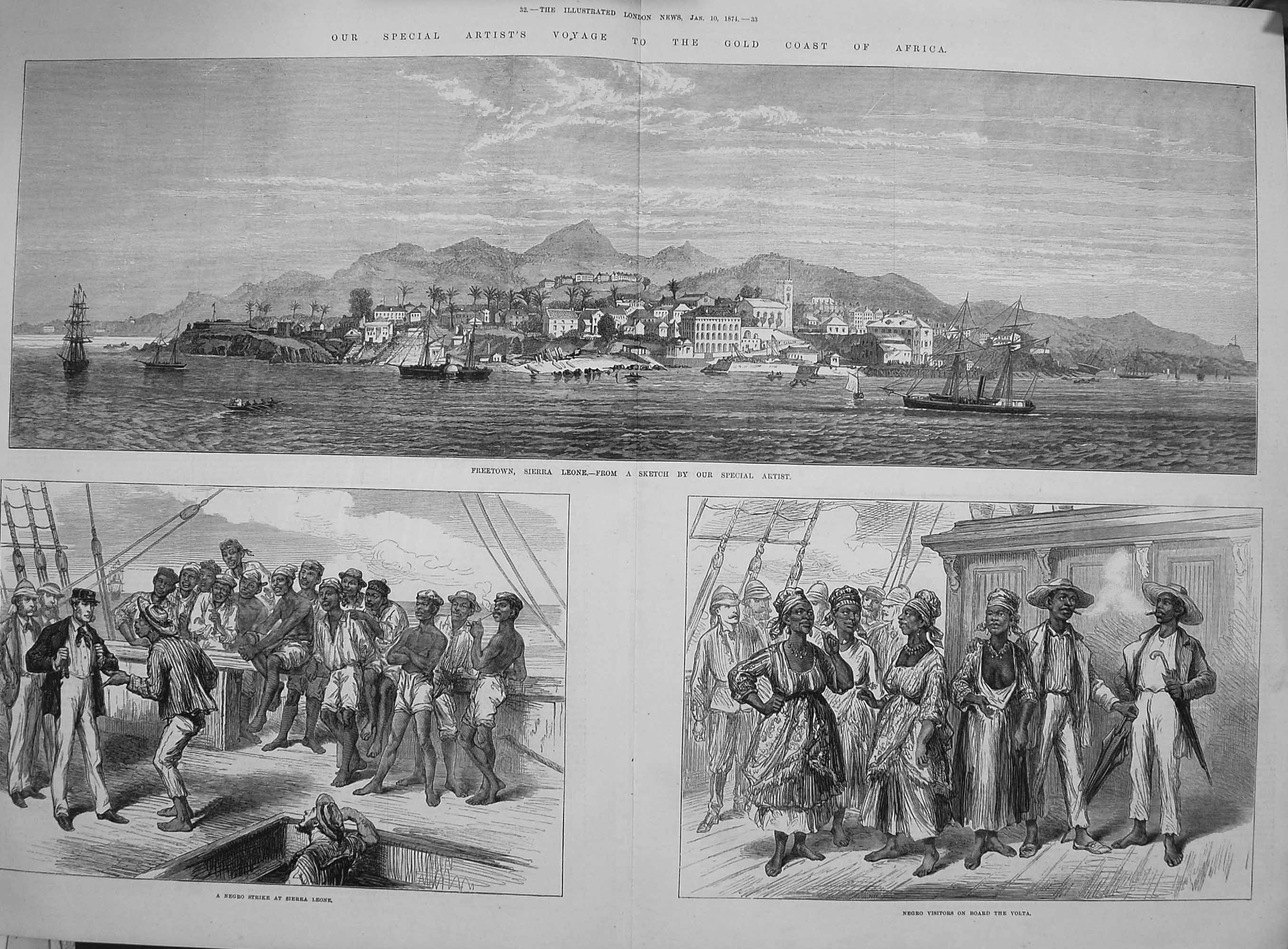 Original Old Antique Print 1874 GCoast Africa Freetown Sierra Leone Volta Ship 0