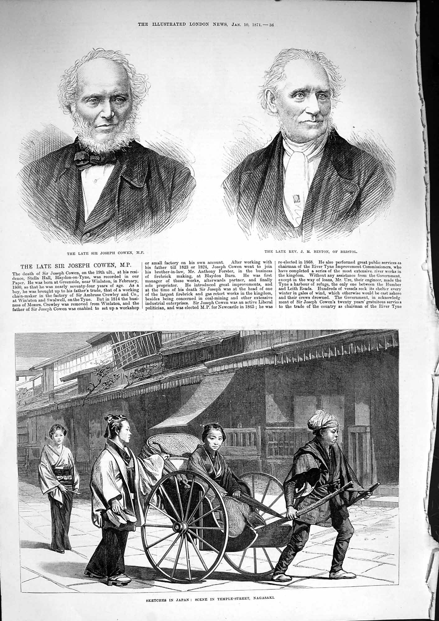Old Antique Print 1874 Joseph Cowan Hinton Japan Temple Street Nagasaki 19th