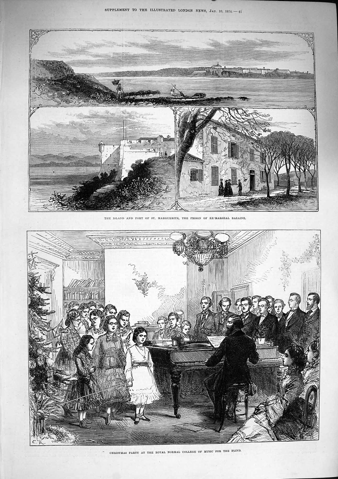 Old Antique Print 1874 Island Fort Marguerite Bazaine College Music Blind 19th