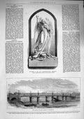 Original Old Antique Print 1874 Monument Pemberton Bridge Thames Wandsworth