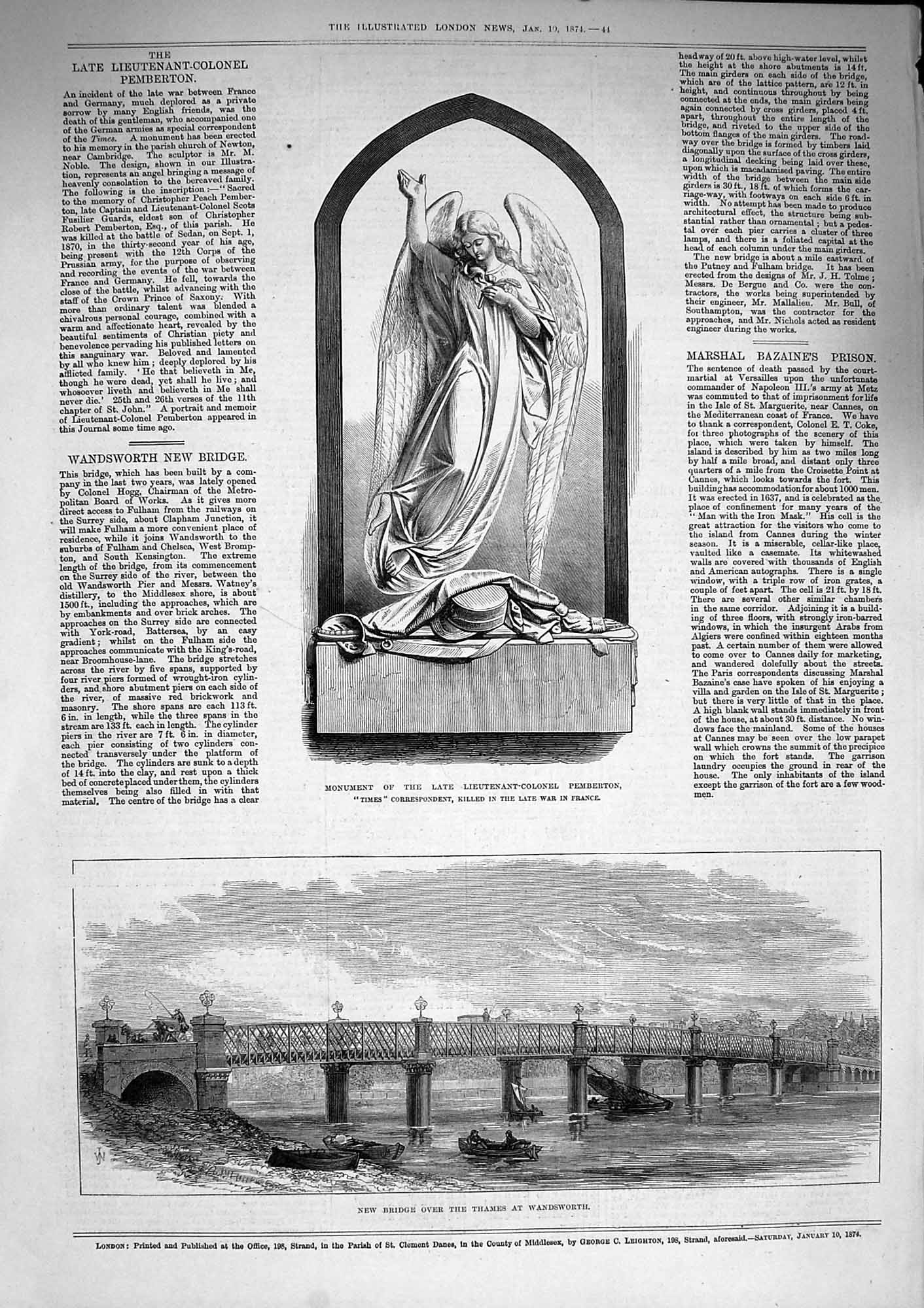 Original Old Antique Print 1874 Monument Pemberton Bridge Thames Wandsworth