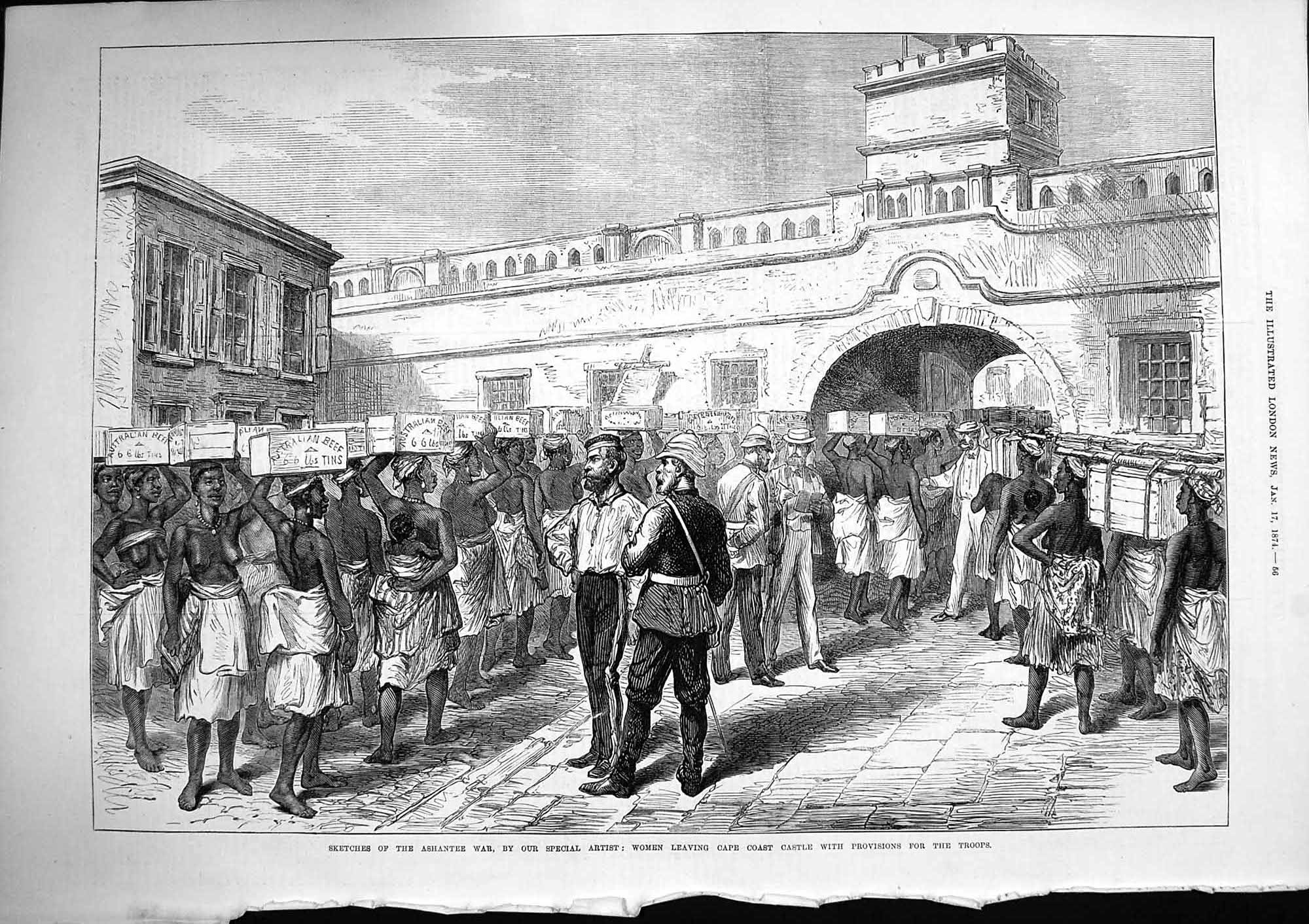 Original Old Antique Print 1874 Ashantee War Women Cape Coast Castle Food Boxes