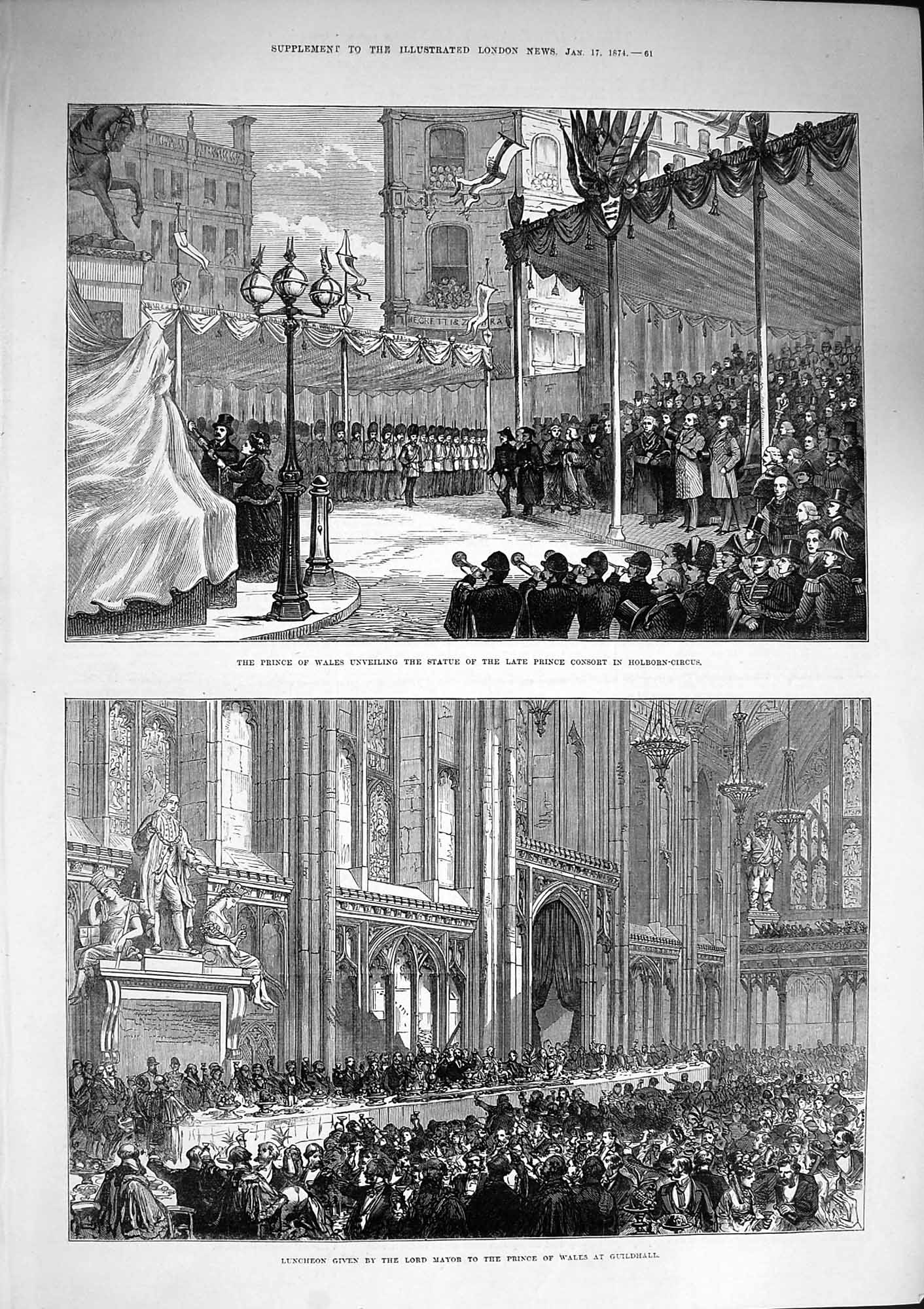 Original Old Antique Print 1874 Prince Wales Statue Consort Holborn Guildhall
